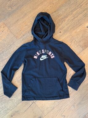 Nike Black Kids Hoodie with Pink & White 'Nike Sports' Logo